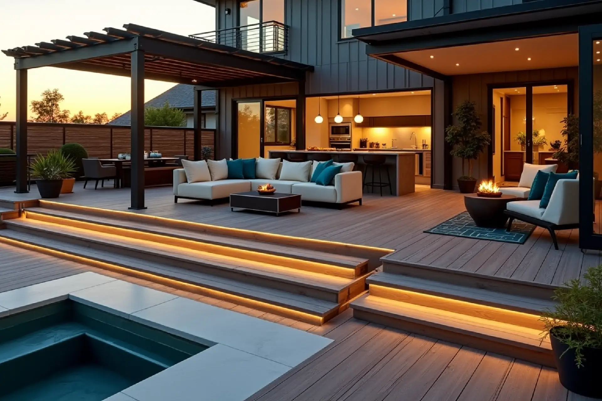 Luxury custom deck and outdoor living space at night in Fort Wayne by Home Enterprises Inc., featuring warm built-in LED lighting, comfortable modern patio furniture, and a cozy seating area.