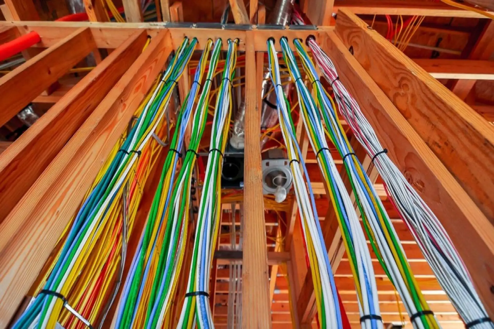 Professional residential home electrical wiring and rewiring project in Fort Wayne by licensed electrician Home Enterprises Inc., showing organized new circuits and conduit running through a home's structural framing.