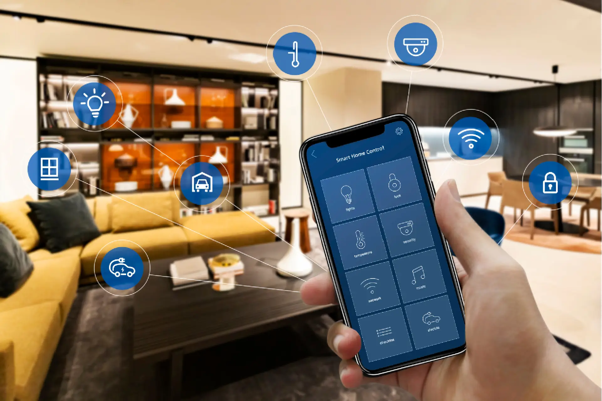 Professional smart home technology integration in Fort Wayne by licensed electrical contractor Home Enterprises Inc., showing a homeowner using a smartphone app to control modern home automation systems.