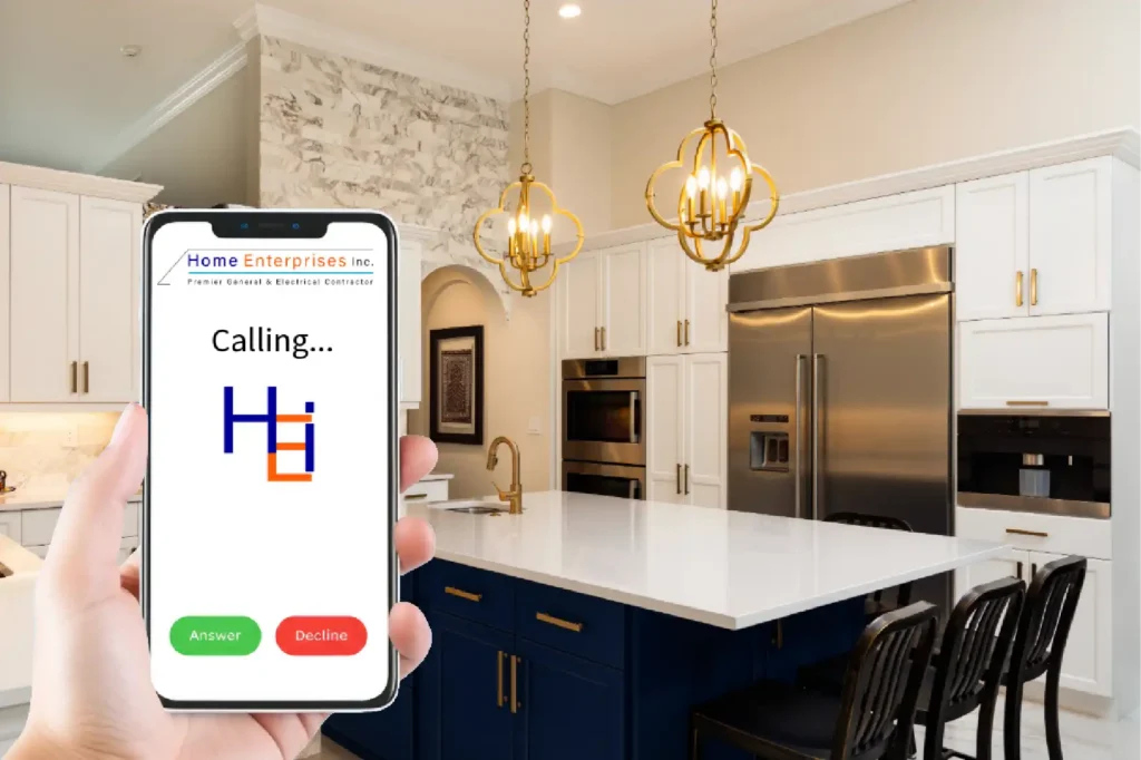 A smartphone screen showing an incoming call from HEI, overlaying a Luxury Renovation of a modern, luxury white kitchen with custom cabinetry.