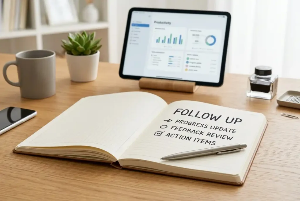An open notebook with a checklist titled "Follow Up" next to a tablet showing an appointment confirmation screen on a wooden desk.