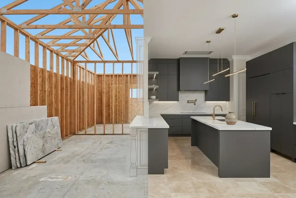 An active residential home remodeling construction site showing exposed wooden wall framing and a modern kitchen installation.