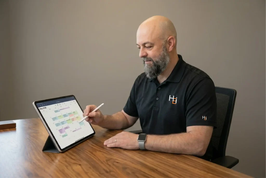 Home Enterprises Inc. owner Joe Hoag reviewing a digital construction timeline on a tablet at his desk.