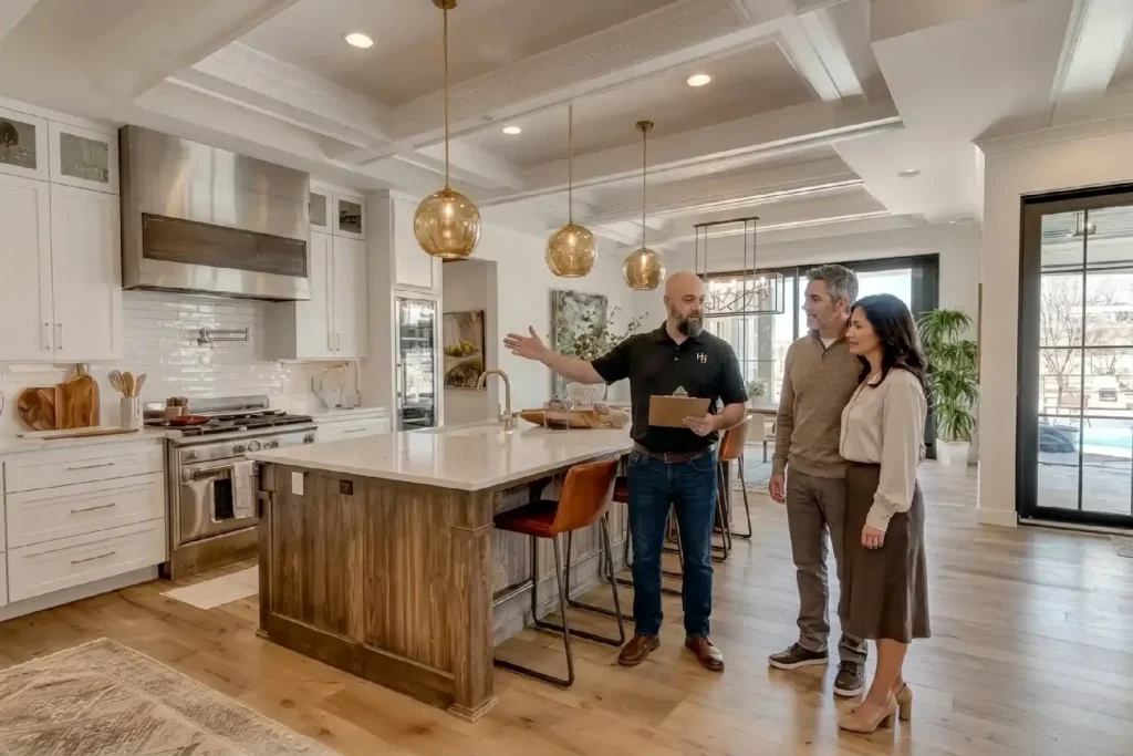 Home Enterprises Inc. owner Joe Hoag talking with clients in a newly remodeled, modern white kitchen in Fort Wayne, featuring custom cabinetry and warm wood accents.