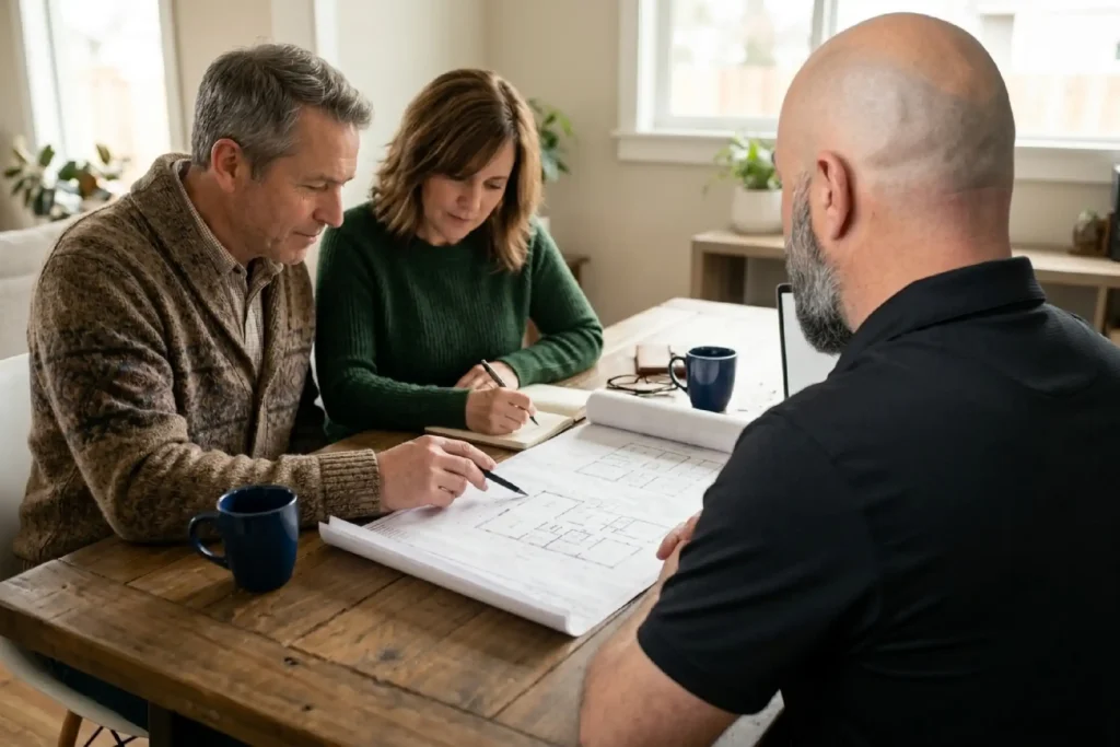 Home Enterprises Inc. owner Joe Hoag discussing a luxury renovation project with clients in a modern kitchen.